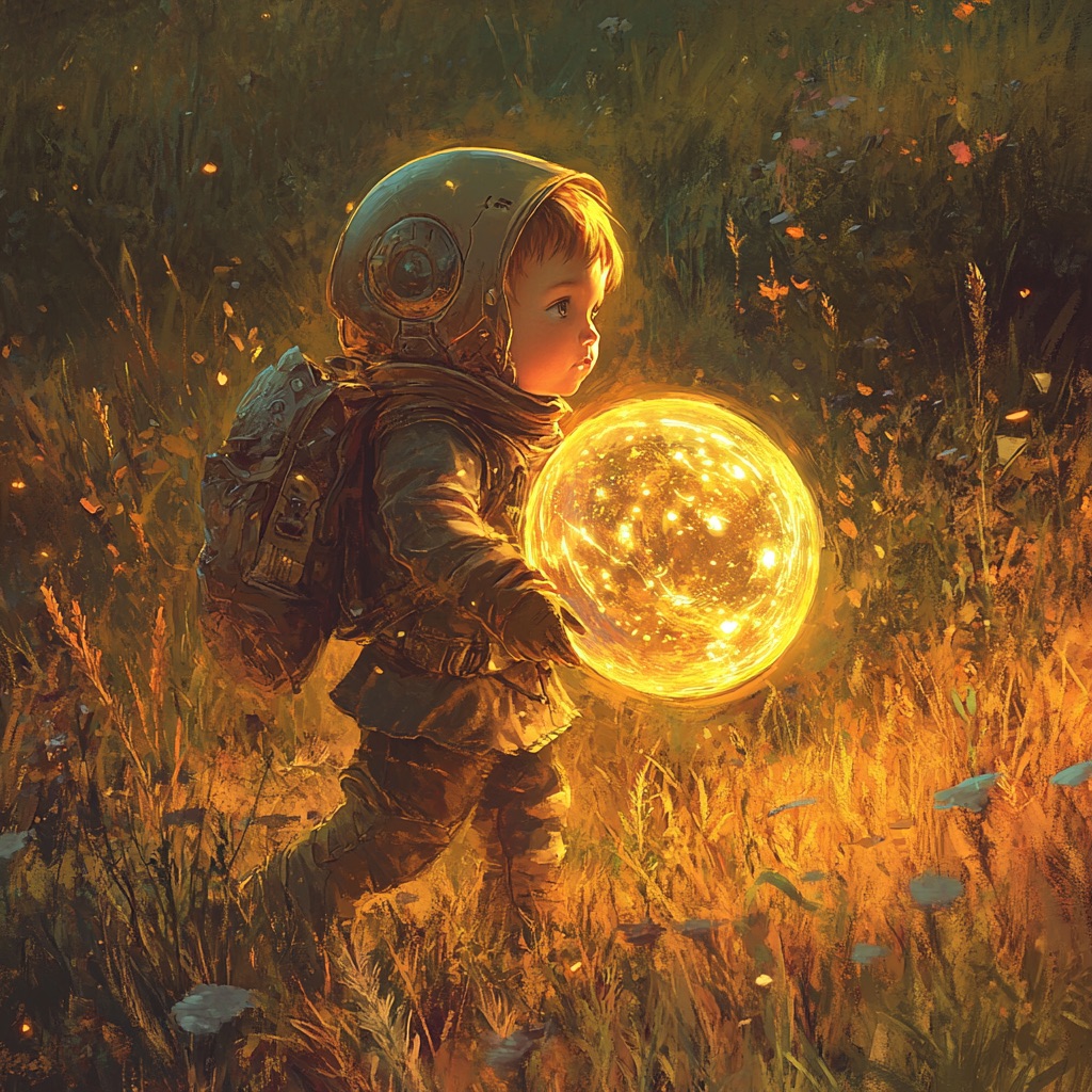 A small, glowing child with a protective shield, symbolizing the need to protect the human spark in a moment between worlds.